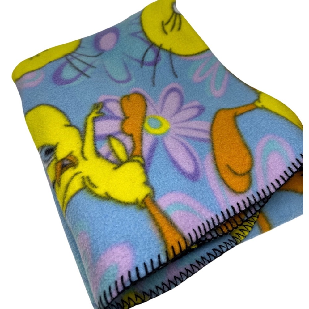 VTG Looney Tunes Throw Blanket Blue Tweety Bird Flower Fleece 2000s 46x63